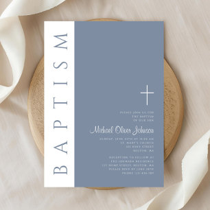 Invitación Elegante Baptismo Moderno Dusty Blue Cross