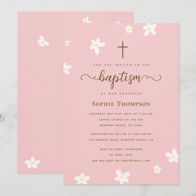 Invitación Elegante Baptismo religioso de cruz rosa y moderno (Anverso / Reverso)