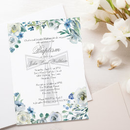 Invitación Elegante Baptismo Religioso Floral Azul