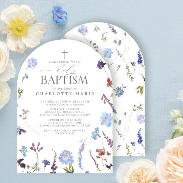 Invitación Elegante Baptismo Sagrado Guión Dusty Blue Wildflo (Subido por el creador)
