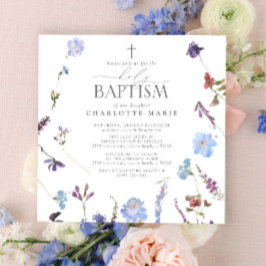 Invitación Elegante Baptismo Sagrado Guión Dusty Blue Wildflo