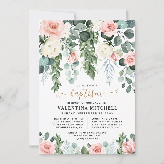 Invitación Elegante Baptismo Único del Jardín Floral Rosa de  (Anverso)