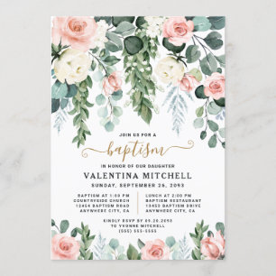 Invitación Elegante Baptismo Único del Jardín Floral Rosa de 