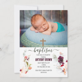 INVITACIÓN ELEGANTE BAPTISMO VERDE, NARANJA, BEBÉ ROJO Y VINO