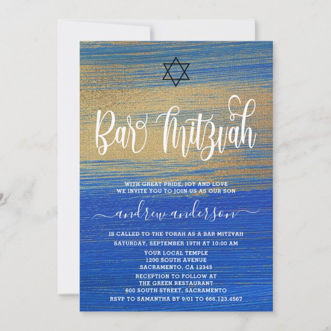 Invitación Elegante Bar Azul Y Oro Mitzvah (Anverso)