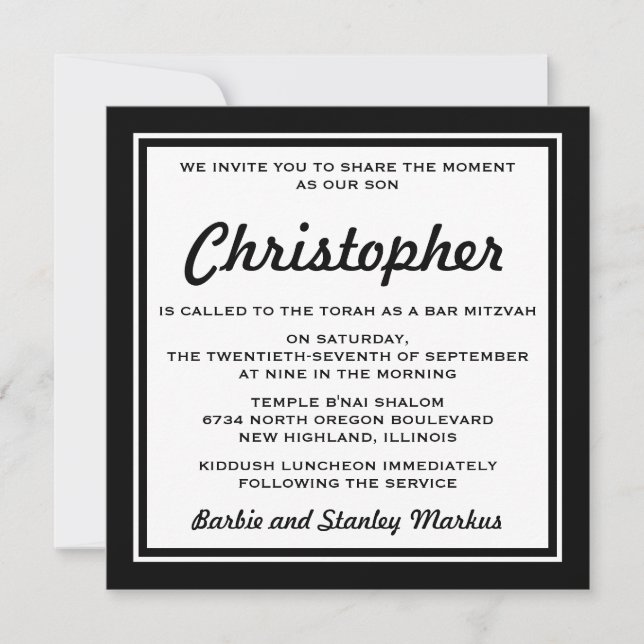 Invitación Elegante bar blanco y negro Mitzvah (Anverso)