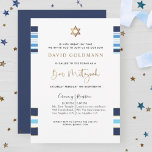 Invitación Elegante bar con paraguas azul y dorado Mitzvah<br><div class="desc">Invitar a amigos y familiares con esta elegante invitación Bar Mitzvah con diseño de tallo a rayas azules, navales, blancas y doradas. ¡Posibilidad de añadir tu ceremonia y recepción, almuerzo, cena o detalles fiestas! Bandas de oro, frases de Bar Mitzvah y estrella de David en falso Relieve metalizado de oro....</div>