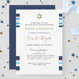 Invitación Elegante bar con paraguas azul y dorado Mitzvah