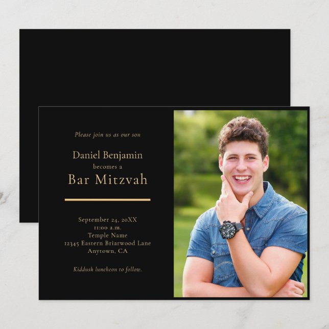 Invitación Elegante bar de fotos de oro negro Mitzvah (Anverso / Reverso)