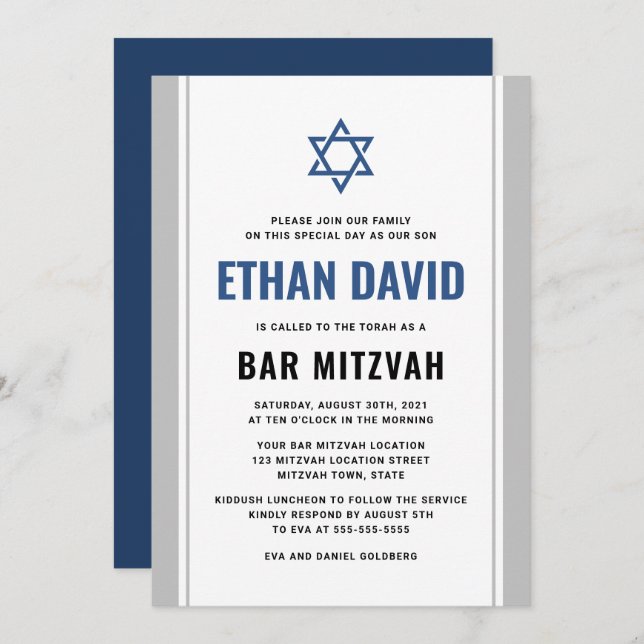 Invitación Elegante bar gris y azul mitzvah (Anverso / Reverso)