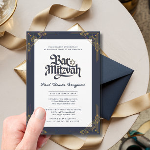 Invitación Elegante BAR MITZVAH Calidad Naval Oro Moderno