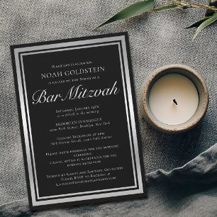 Invitación Elegante Bar Mitzvah Formal de Plata Negra