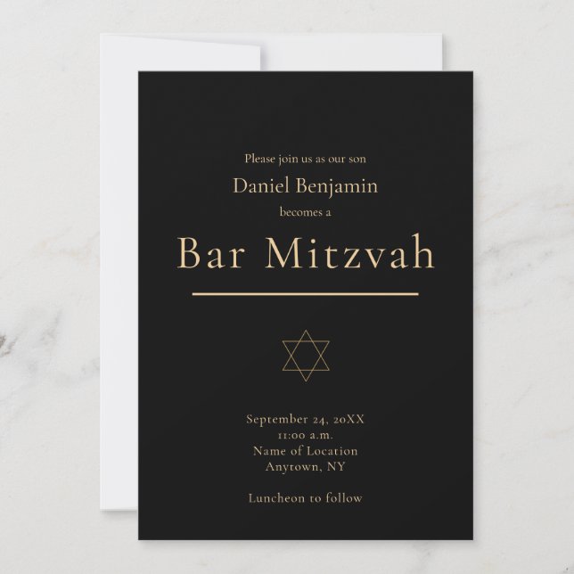 Invitación Elegante Bar Mitzvah negro oro moderno (Anverso)