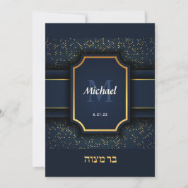 Invitación Elegante bar monograma Mitzvah azul y oro