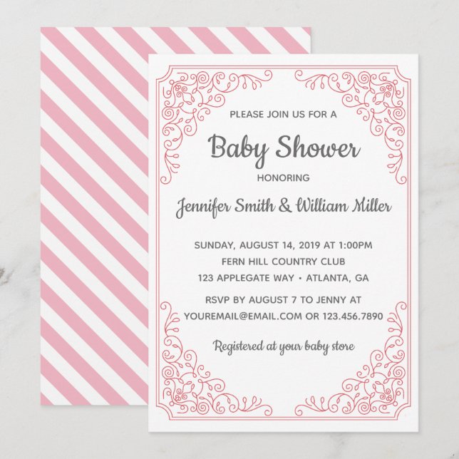 Invitación Elegante Barrido rosa florido marco Baby Shower (Anverso / Reverso)