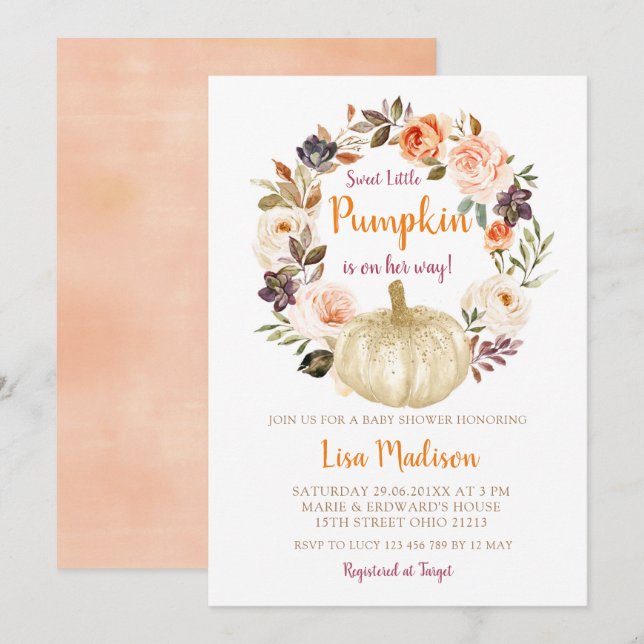 Invitación Elegante Barrillo Pequeño Calabaza Baby Shower (Anverso / Reverso)