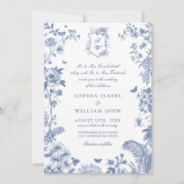 Invitación Elegante Barroco Azul Floral Jardín Francés Boda