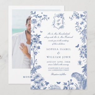 Invitación Elegante Barroco Azul Floral Jardín Francés Boda
