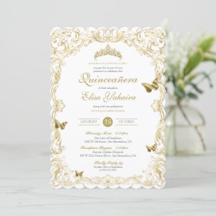 Invitación Elegante barroco blanco dorado Regal Quinceanera