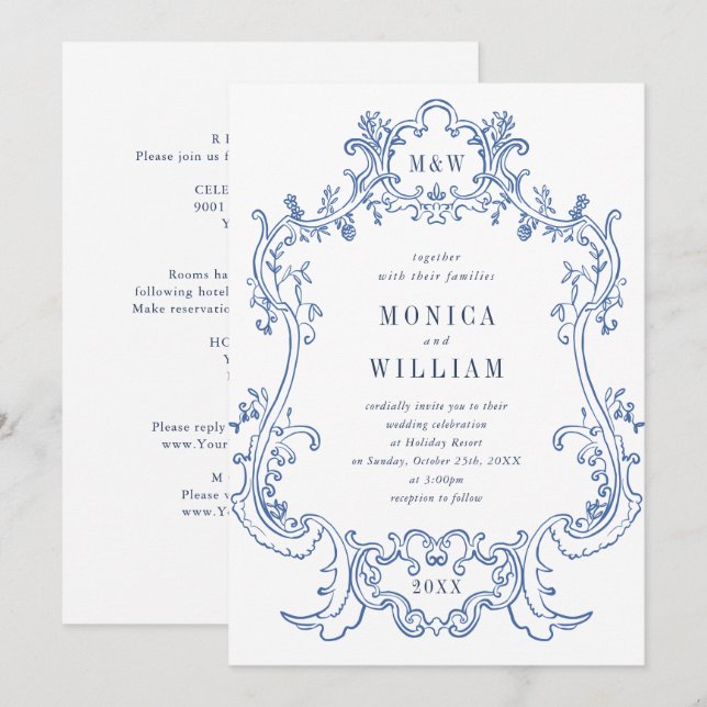 Invitación Elegante Barroco Dusty Blue Classy Frame Boda (Anverso / Reverso)
