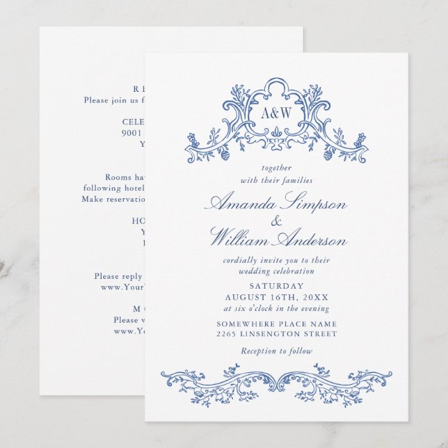 Invitación Elegante Barroco Dusty Blue Classy Frame Boda (Anverso / Reverso)