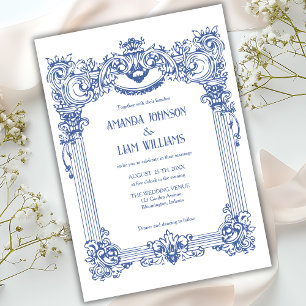 Invitación Elegante Barroco Floral de Boda Columna Azul