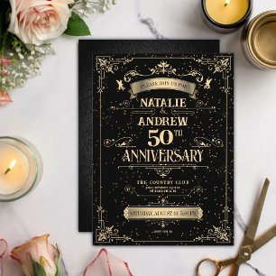 Invitación Elegante Barroco Negro y Oro 50 Aniversario