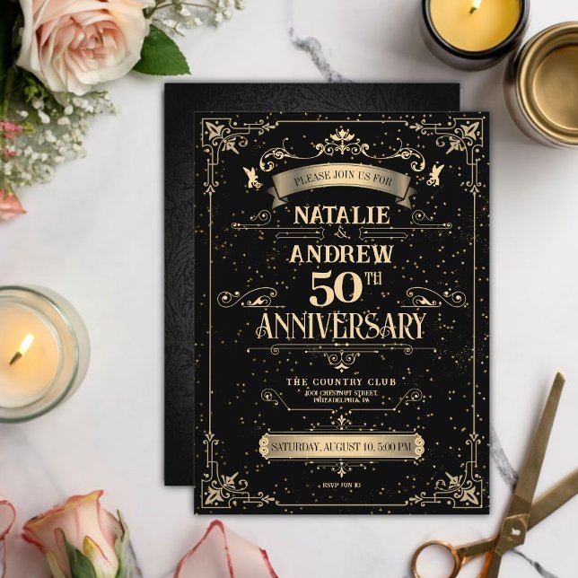 Invitación Elegante Barroco Negro y Oro 50 Aniversario (Subido por el creador)