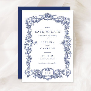 Invitación Elegante barroco vintage azul francés salva la fec