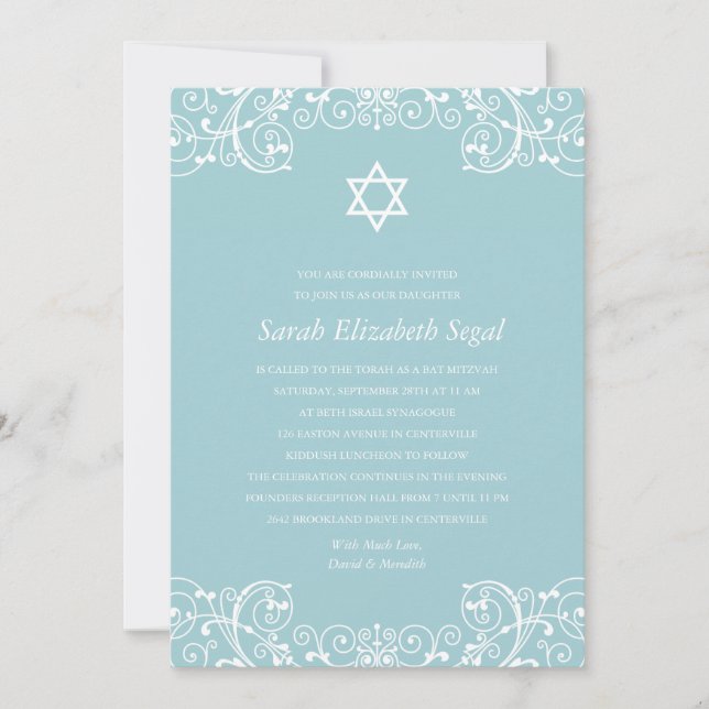 Invitación Elegante Bat Azul Mitzvah (Anverso)