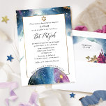 Invitación Elegante Bat Celestial de Agua Mitzvah<br><div class="desc">Deleite amigos y familia con esta hermosa y elegante temática celestial Bat Mitzvah invitación! Diseño con manchas de agua delicadas que crean un cautivador fondo celeste. Mapa celeste acuarela con constelaciones en el borde inferior. La estrella de Relieve metalizado de oro de David y marco. Detalles modernos de caligrafía escrita...</div>