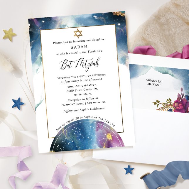 Invitación Elegante Bat Celestial de Agua Mitzvah (Subido por el creador)