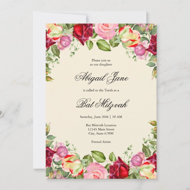 Invitación Elegante Bat Floral Mitzvah (Anverso)