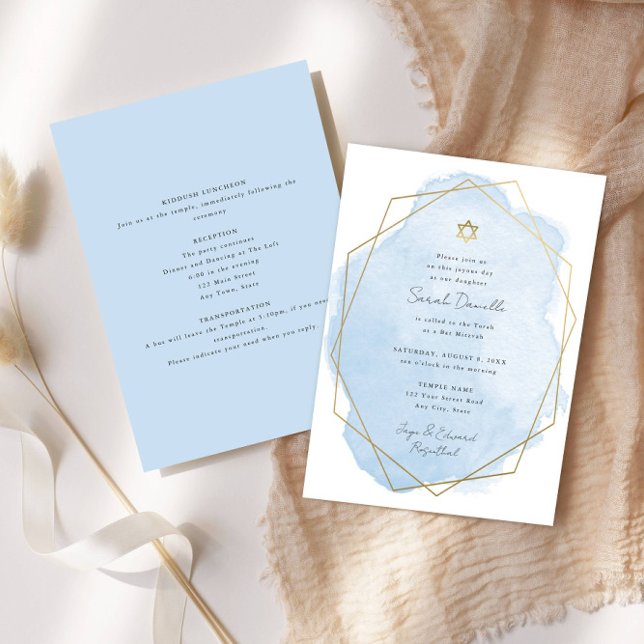 Invitación Elegante Bat Mitzvah, acuarela azul, doble cara (Subido por el creador)