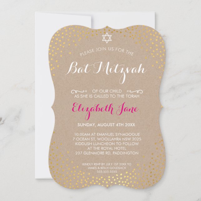 Invitación ELEGANTE BAT MITZVAH artesanía rústica de confeti  (Anverso)