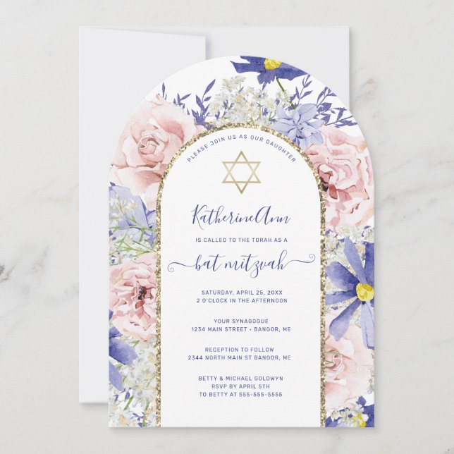 Invitación Elegante Bat Mitzvah De Arco De Oro Púrpura Púrpur (Anverso)