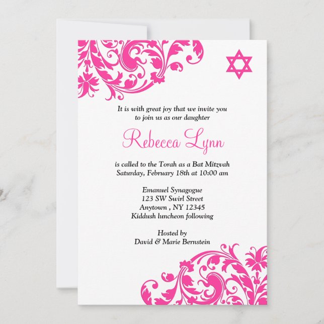 Invitación Elegante Bat Mitzvah de color rosa caliente (Anverso)