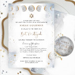 Invitación Elegante Bat Mitzvah de plata y azul celeste<br><div class="desc">Encanta a tus amigos y familia con esta elegante invitación celeste de Bat Mitzvah con un delicado cielo de color agua, estrellas y fases de la luna en una hermosa mezcla de gris plateado, azul pálido, blanco y dorado. Estrellas delgadas en blanco y en falso Relieve metalizado dorado. Bat Mitzvah...</div>