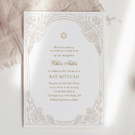 Invitación Elegante Bat Mitzvah floral de oro