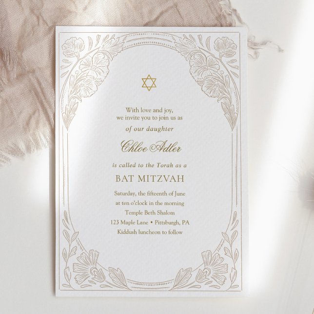Invitación Elegante Bat Mitzvah floral de oro (Subido por el creador)