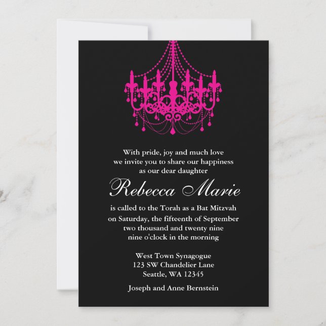 Invitación Elegante Bat Mitzvah, lámpara de araña negra y ros (Anverso)