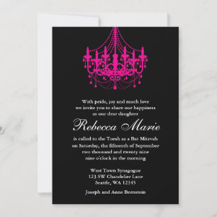 Invitación Elegante Bat Mitzvah, lámpara de araña negra y ros