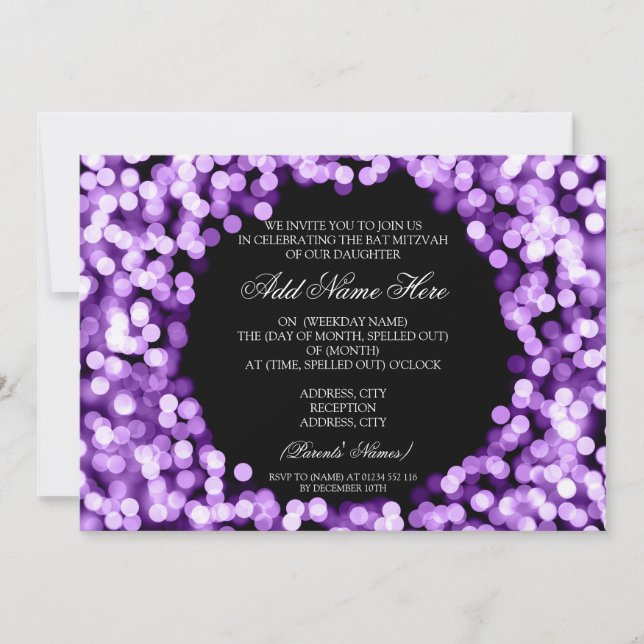 Invitación Elegante Bat Mitzvah Luces Moradas Sparkly (Anverso)