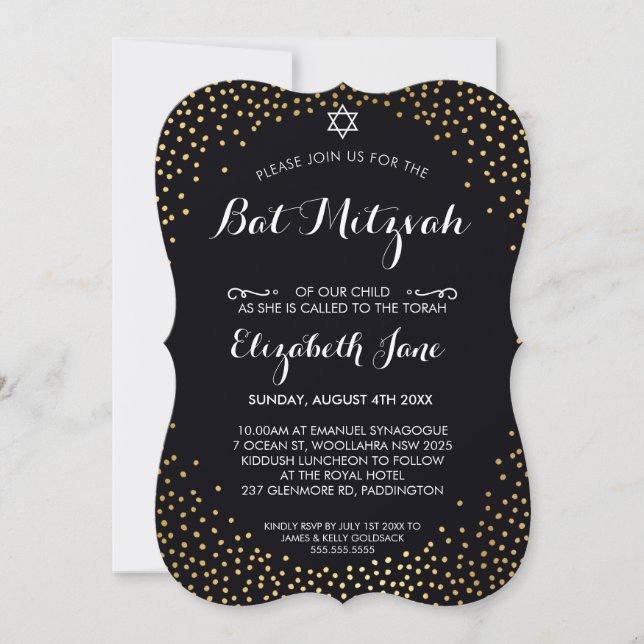 Invitación ELEGANTE BAT MITZVAH negro confetti de oro rústico (Anverso)