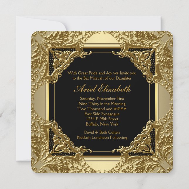 Invitación Elegante Bat Mitzvah negro y dorado (Reverso)