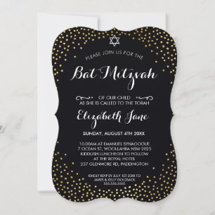 Invitación ELEGANTE BAT MITZVAH rústico confetti dorado negro