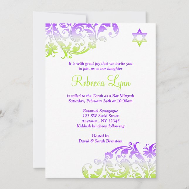 Invitación Elegante Bat Mitzvah verde morado floreciente (Anverso)