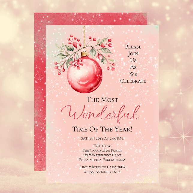 Invitación Elegante Bauble Rosa Más Maravilloso Año de Tiempo (Elegant Pink | Red Bauble Most Wonderful Time Year Party Invitation)