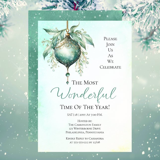 Invitación Elegante Bauble Verde azulado Más Maravilloso Fies (Elegant Teal Bauble "The Most Wonderful Time Of The Year" Christmas Holiday Party Invitation)