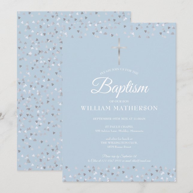 Invitación Elegante bautismo azul Christening Silver Hearts (Anverso / Reverso)